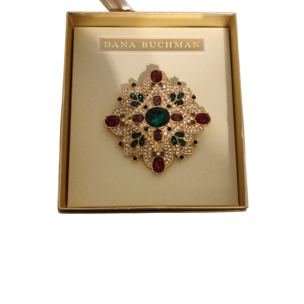 Dana Buchman Gold and Red Brooch with Intricate Design